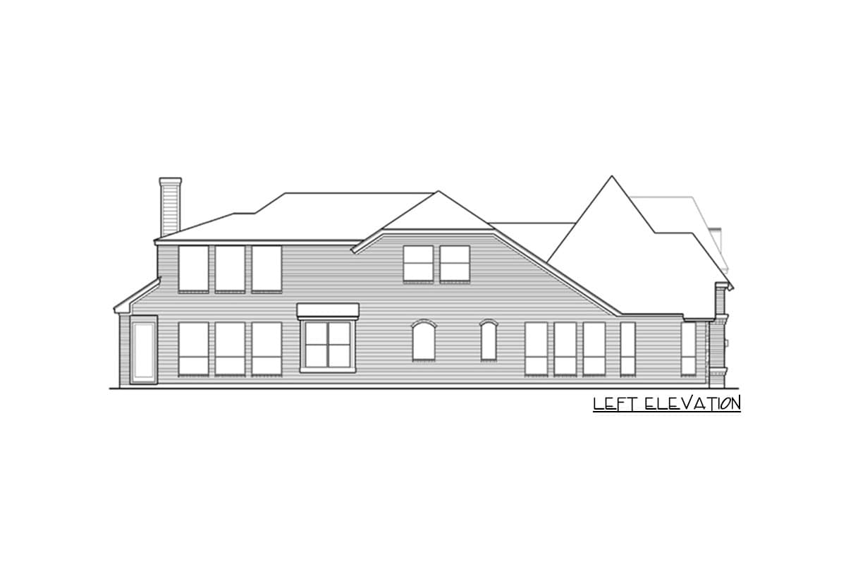 Left elevation house plan showing a two-story home with a chimney, multiple gables, and varied window arrangements.