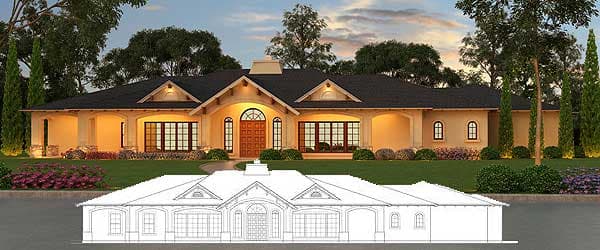 House plan exterior: Single-story Modern Ranch with arched entry, covered porches, and prominent gables.