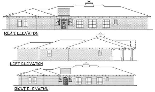 Rear, left, and right elevations of a single-story house plan with hip roofs, gables, dormers, and arched windows.