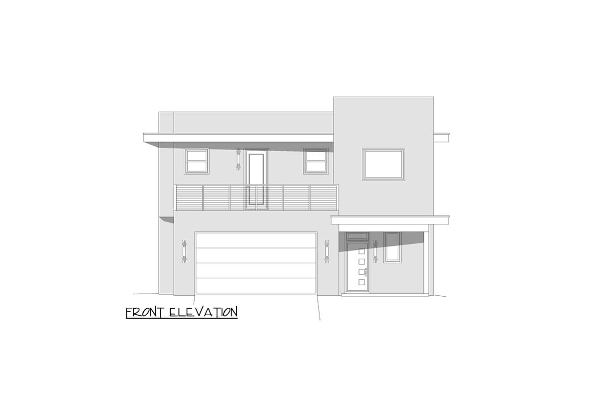 Front elevation drawing of a two-story house plan with a two-car garage, balcony, and modern horizontal railings.