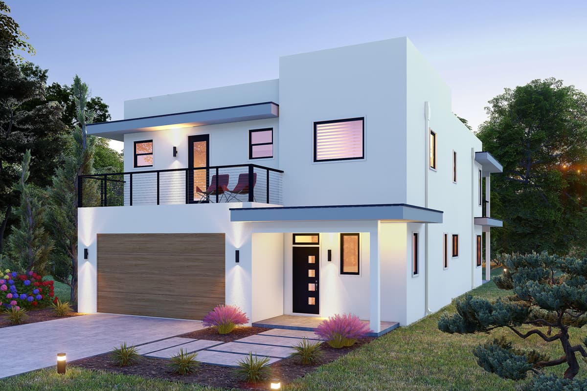 House plan exterior. Two-story modern style with a flat roof, balcony, and attached garage. Includes a covered entry and multiple recessed lights.