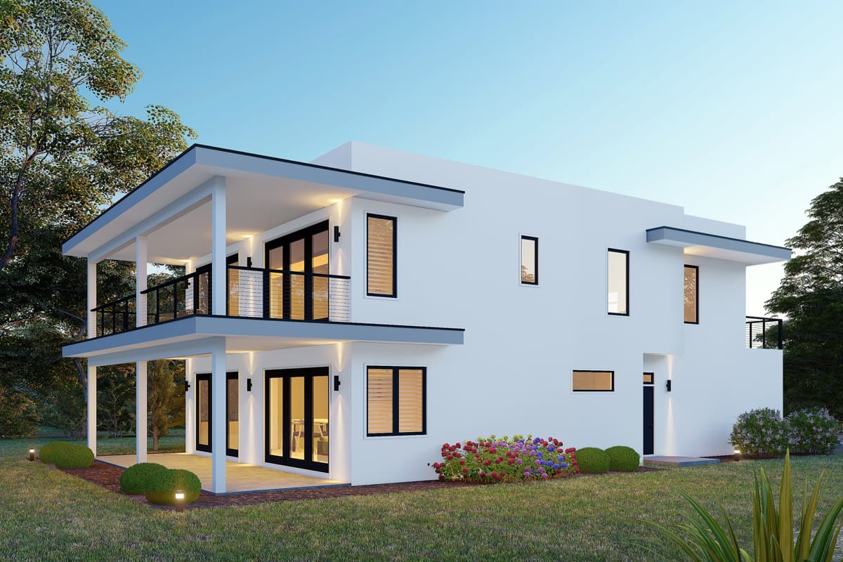 Two-story modern house plan exterior with covered balconies, large windows, and flat rooflines.
