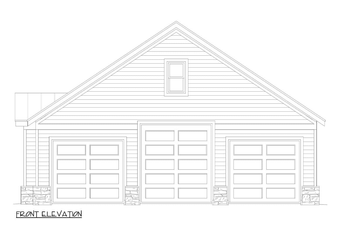 Front elevation drawing of a three-car garage with stone accents and a central dormer window.