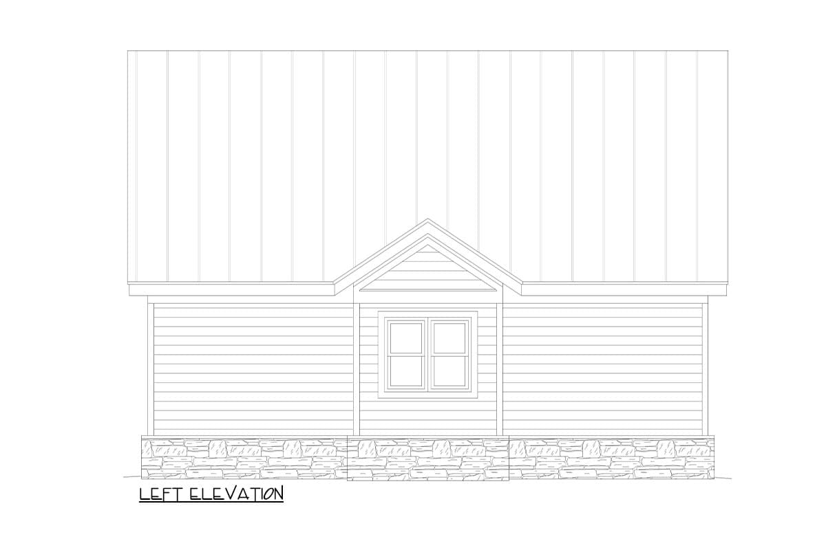 Left elevation house plan showing a gable dormer with a double window, horizontal siding, and stone foundation.