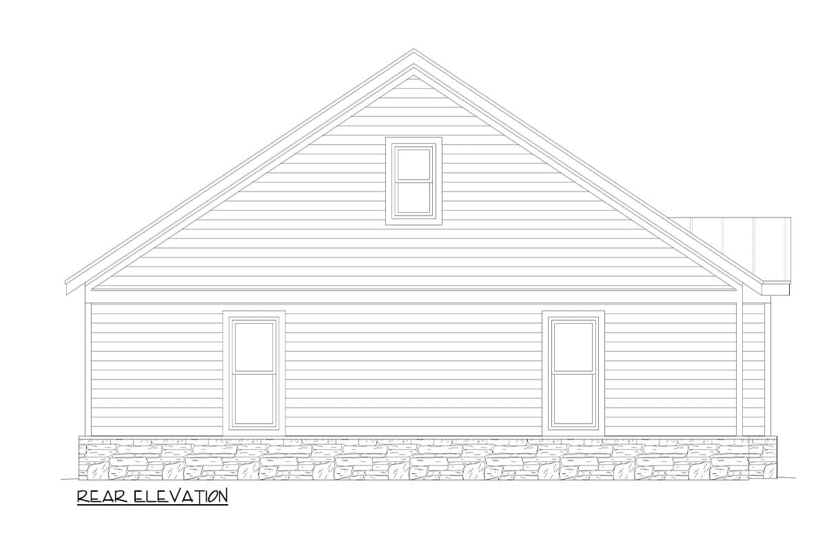 Rear elevation drawing of a house plan showing horizontal siding, two windows, and a stone foundation.