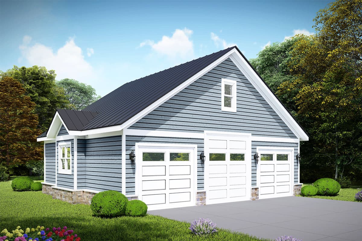 House plan exterior. Two-story structure with gable roof. Includes three-car garage, horizontal siding, and dormer window.