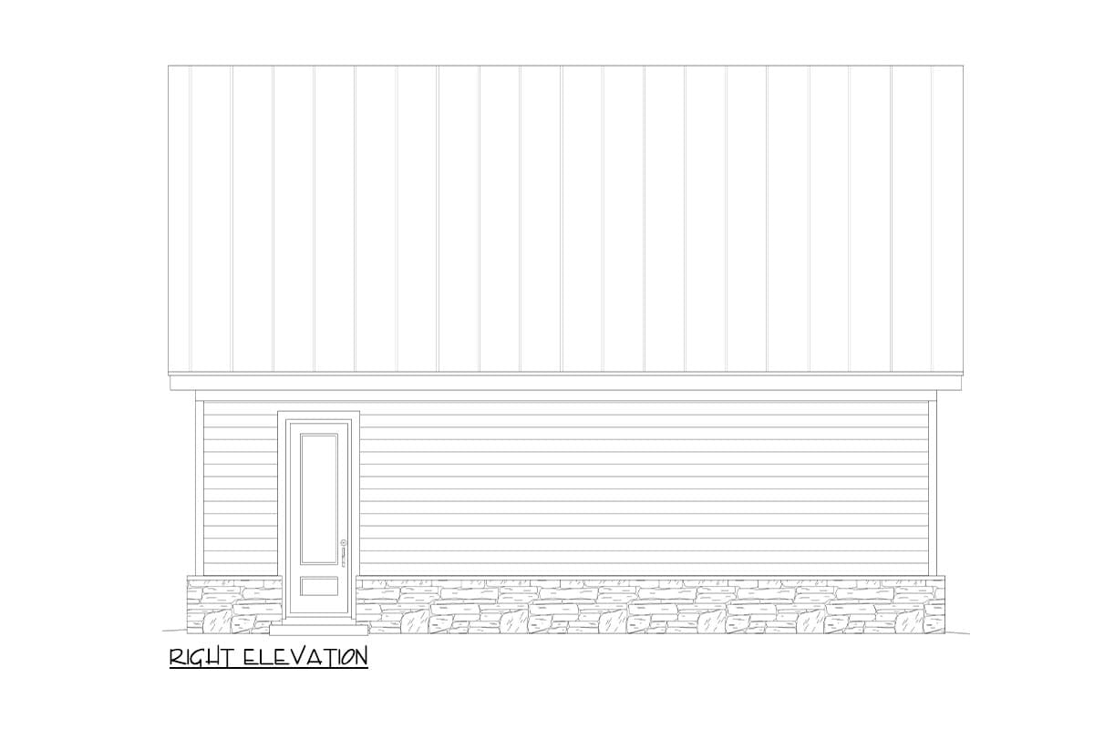Right elevation drawing showing horizontal siding, a paneled door, and stone foundation.