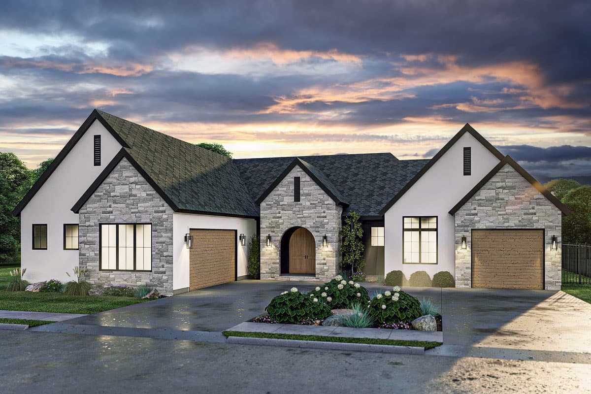 House plan exterior with stone accents, gabled roof, and two garage doors. Features include arched entry, and dormers.
