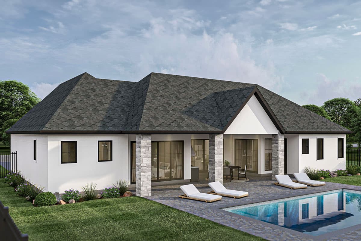 Modern Ranch house plan exterior with a hip roof, prominent gable, and stone-clad columns supporting a covered patio.