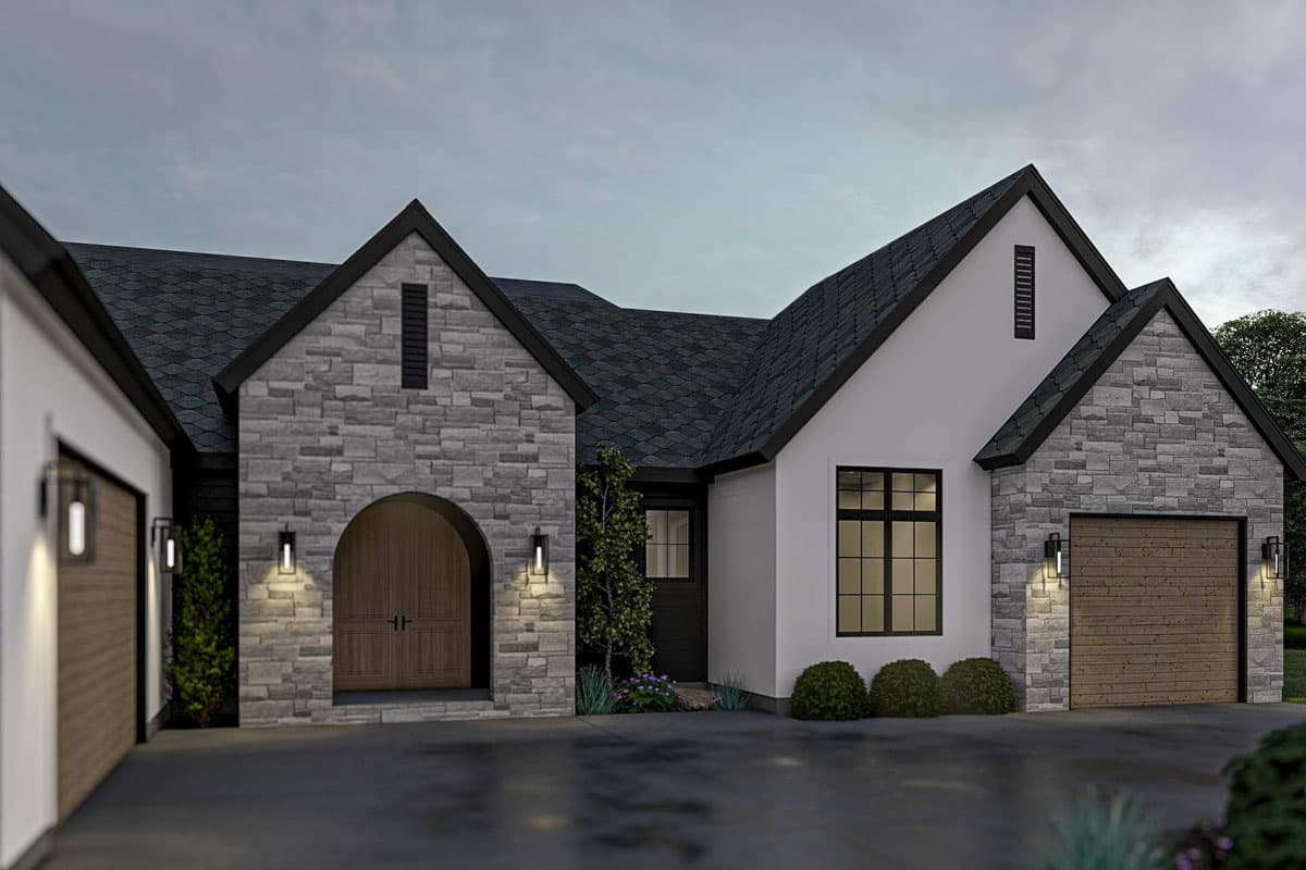 House plan exterior: Modern design with stone accents, arched double doors, gabled roof, and attached garage.