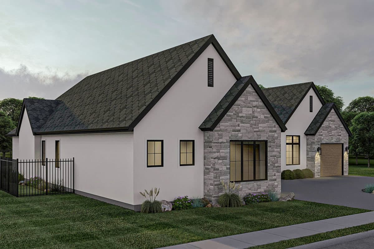 House plan exterior with gabled rooflines, stucco and stone facade, and attached garage.