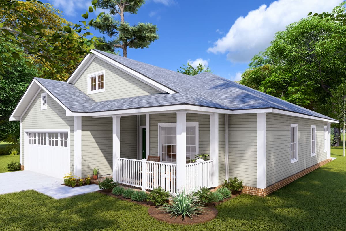 House plan exterior: One-story Modern Farmhouse with attached garage, covered front porch with white railing, and multiple gables.