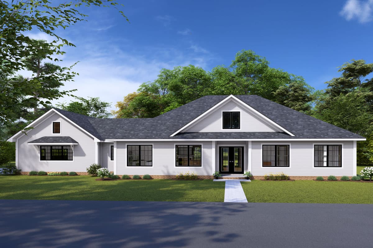 House plan exterior with two stories and a gable roof. Features include gables, dormers, and a covered porch over the entry.