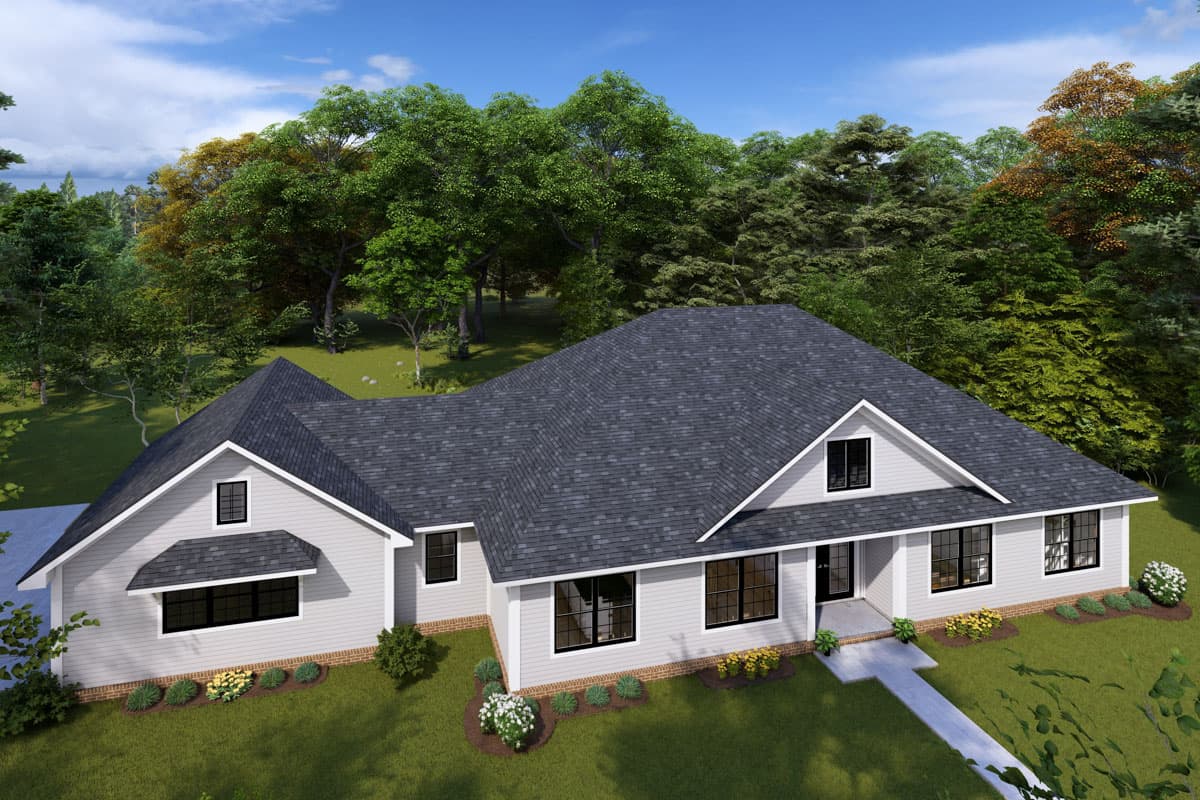 House plan exterior: Ranch-style, one-story home with gabled dormers, a front porch, and a multi-level roofline.