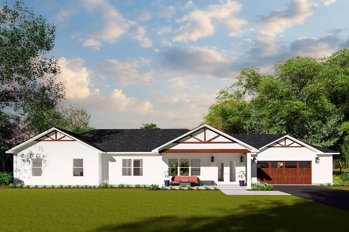 House plan exterior. Ranch style with a single story. Features include a covered porch, gable rooflines, and a garage with a wood-tone door.