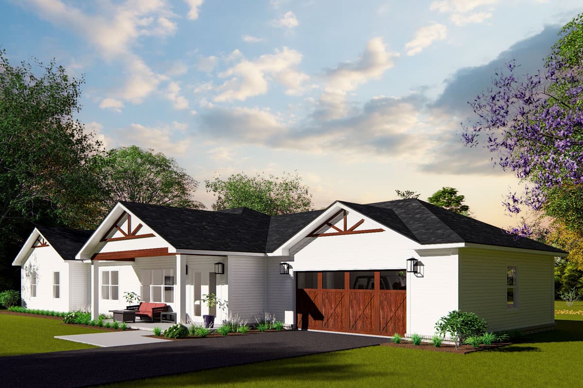House plan exterior: Single-story Modern Farmhouse with gabled roof, exposed rafter tails, covered porch, and double garage.