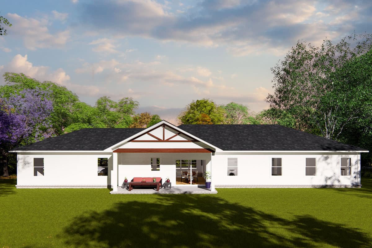 House plan exterior: Ranch style, single-story white home with covered porch, gable detail, and multiple windows.