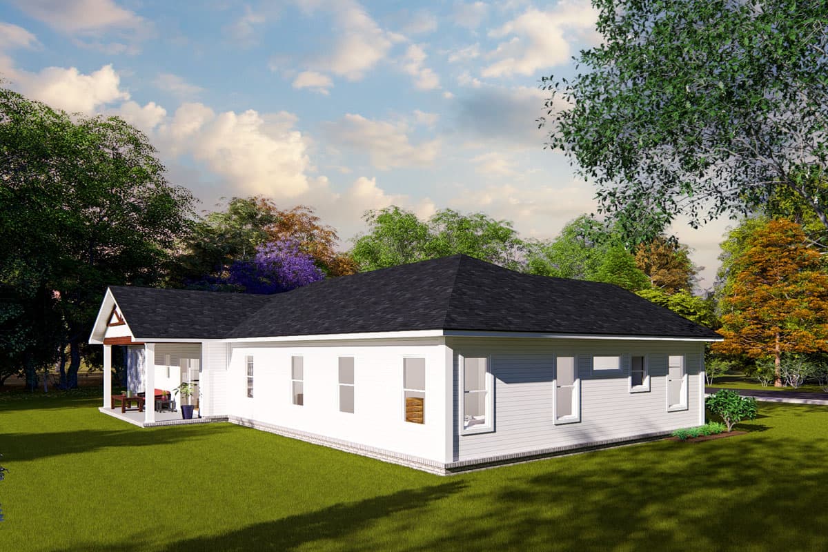 House plan exterior of a single-story white house with a covered front porch featuring a gable roofline and white siding.