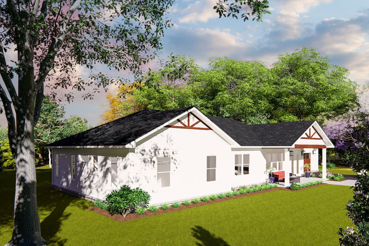 House plan exterior: one-story Modern Farmhouse with covered front porch, gables with decorative trusses, and white brick siding.