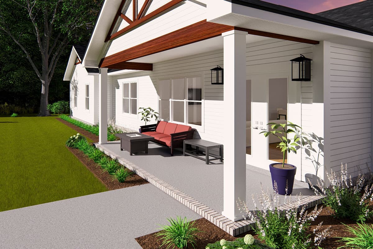 House plan exterior with covered porch, visible gables with exposed wood beams, and horizontal siding.