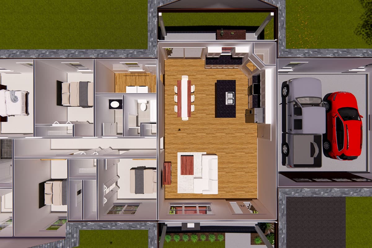 Plan 52362WM: 4-Bed Traditional Ranch House Plan with Clustered Beds - 1931 sq Ft - Image #8 - Country, Craftsman, Ranch, Traditional