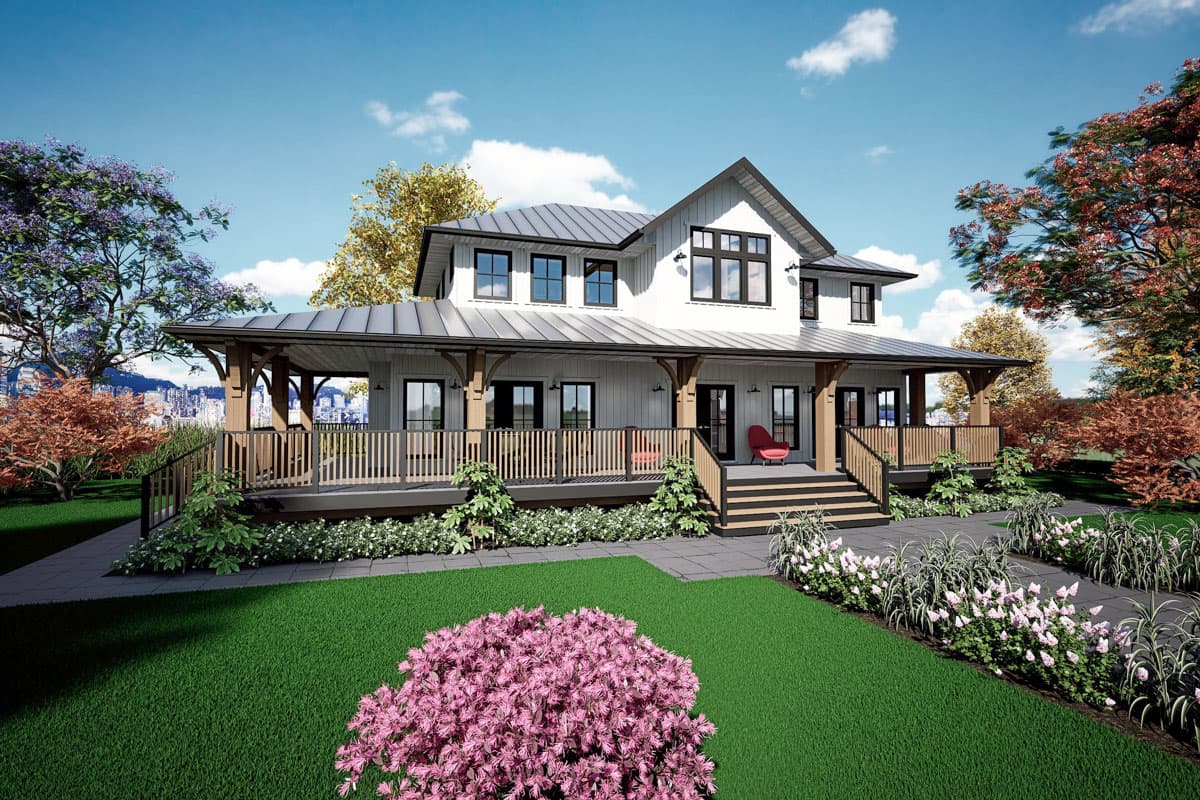 Modern Farmhouse house plan exterior with wrap-around porch, gabled dormers, and metal roof.