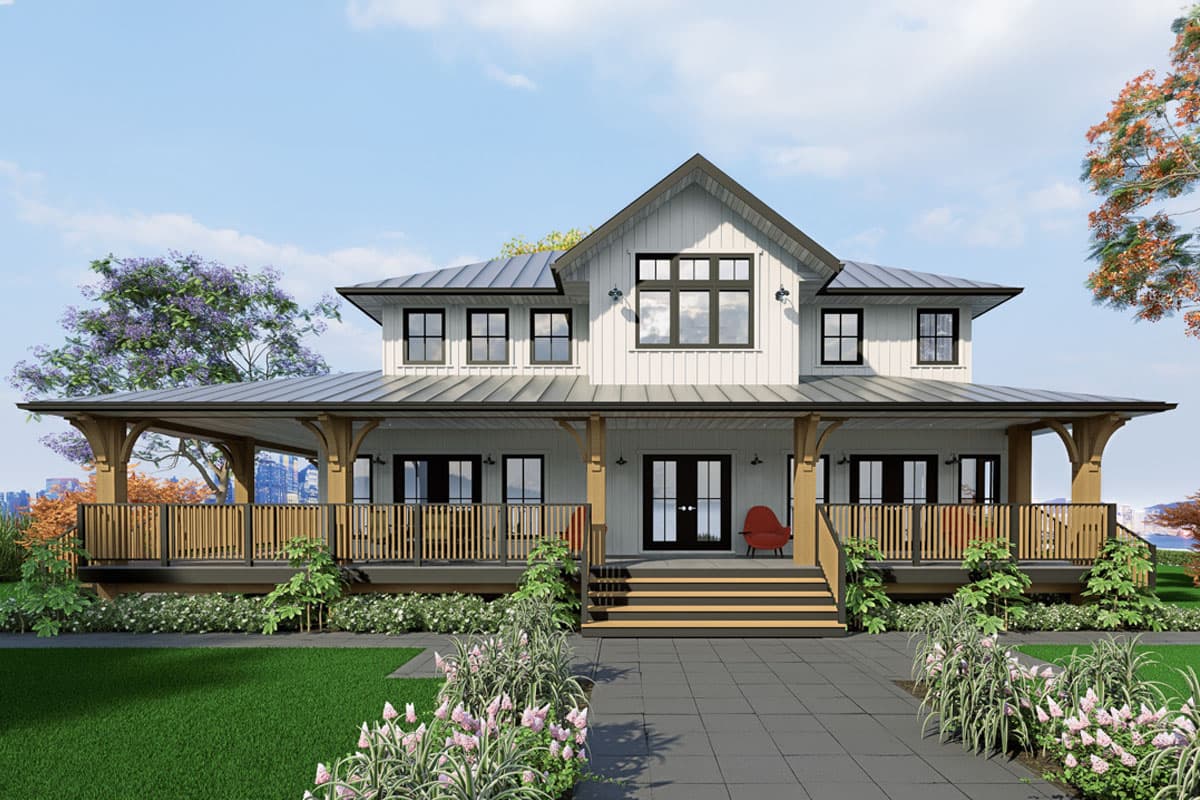 House plan exterior. Two-story Modern Farmhouse with a gabled roof, a wraparound porch with wooden posts, and a metal roof over the porch.