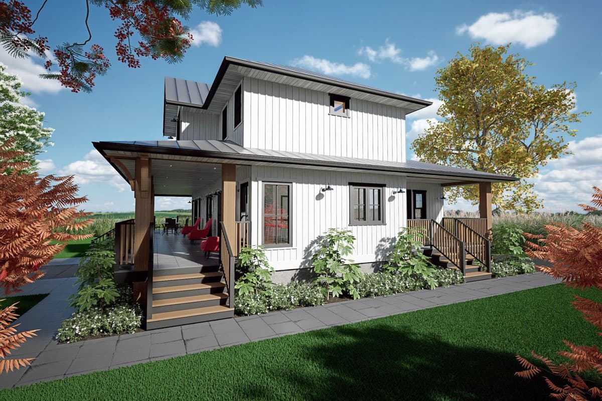 Modern Farmhouse house plan exterior: two stories, board and batten siding, wide covered porch, and multiple gables.