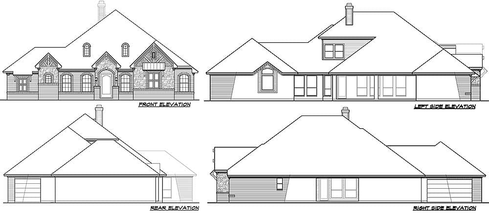 Front, rear, left, and right elevations of a one-story house plan with a prominent front entry, multiple gables, and a side-entry garage.