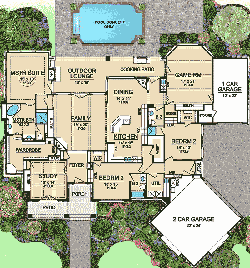 Plan 36424TX: 3 Bedroom Beauty With Game Room - Floor Plan - Main Level - European, French Country