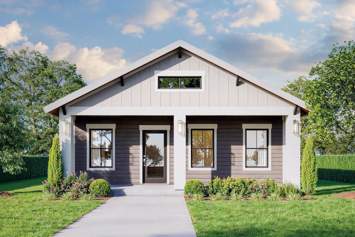 House plan exterior featuring a single-story design, gabled roof, and a covered front porch with a central entry door and flanking windows.