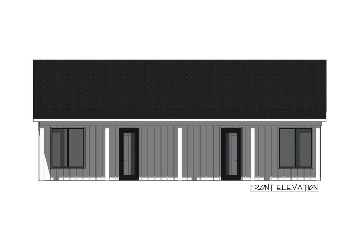 Front elevation drawing of a house plan with vertical siding, two doors, and two windows.
