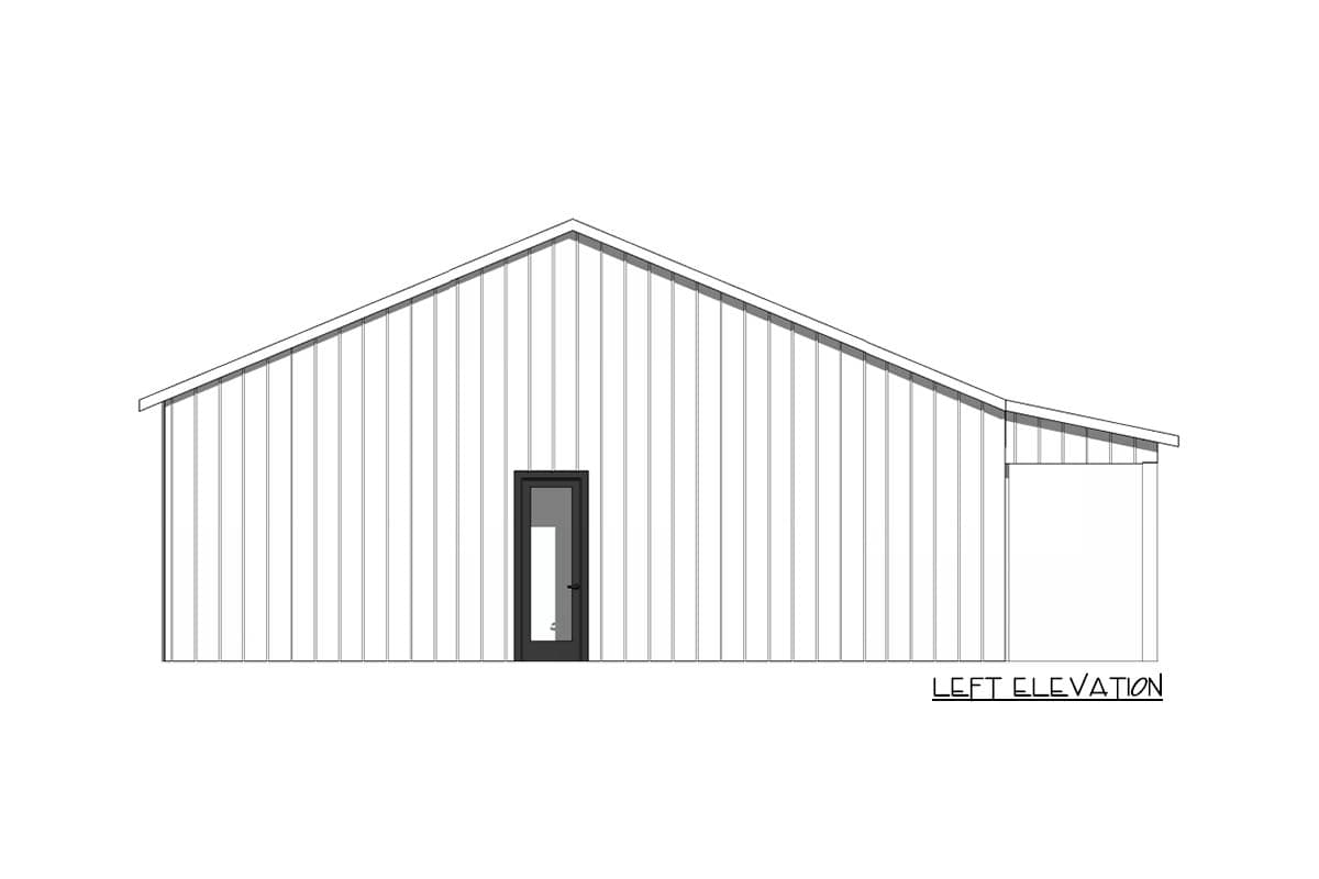 Left elevation drawing of a house plan with vertical siding, a door, and an attached structure.