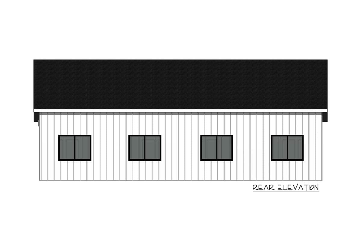 Rear elevation drawing of a house plan with white vertical siding and four horizontal windows under a dark roof.