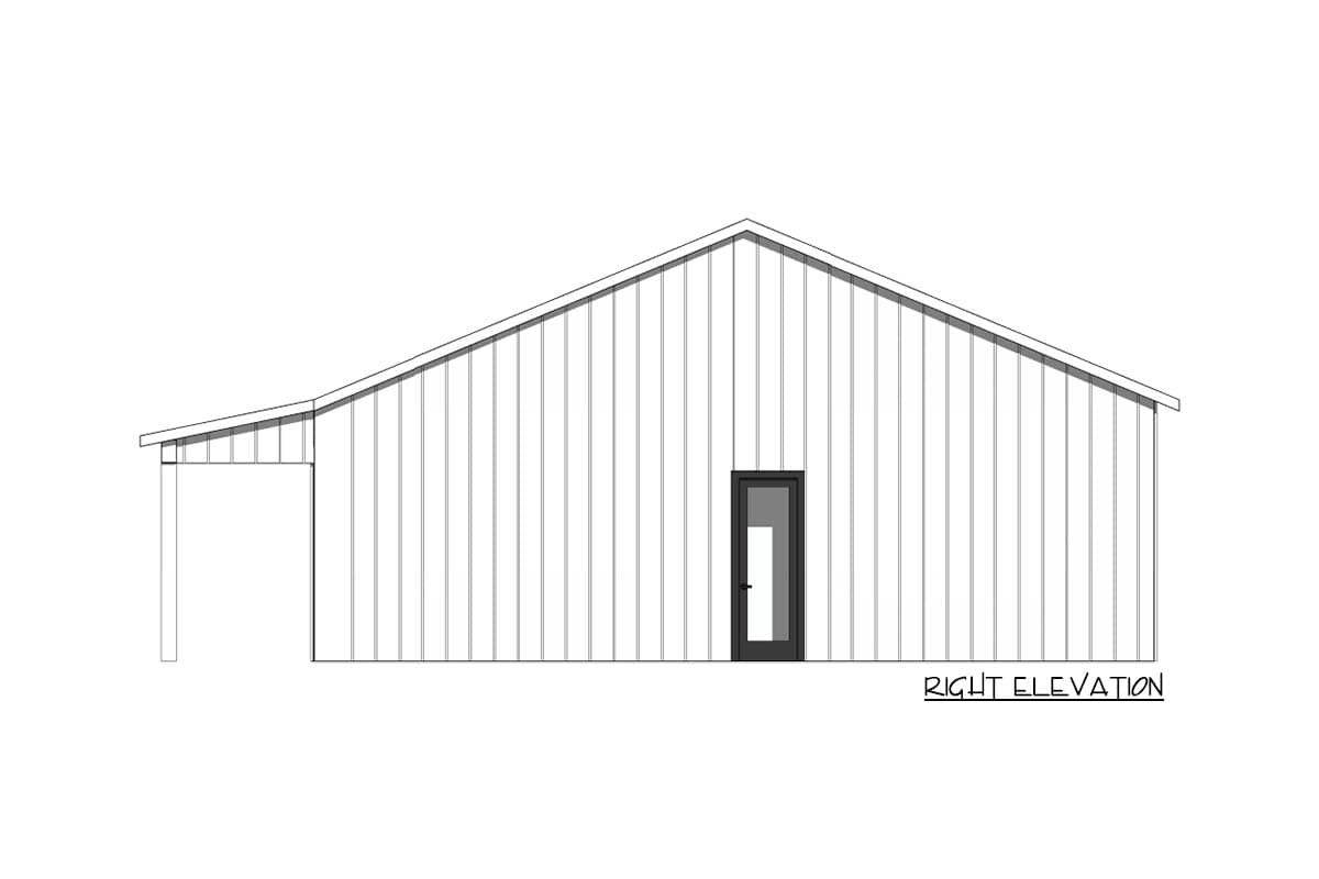 Right elevation drawing of a house plan featuring vertical siding, a shed roof, an attached covered porch, and a single door with glass.