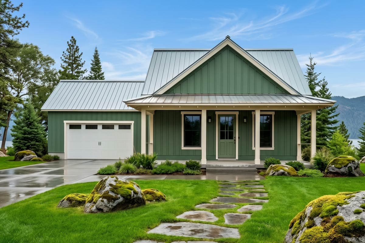 House plan exterior. Modern Farmhouse style with a single story, a metal roof, and a front porch with supporting columns.