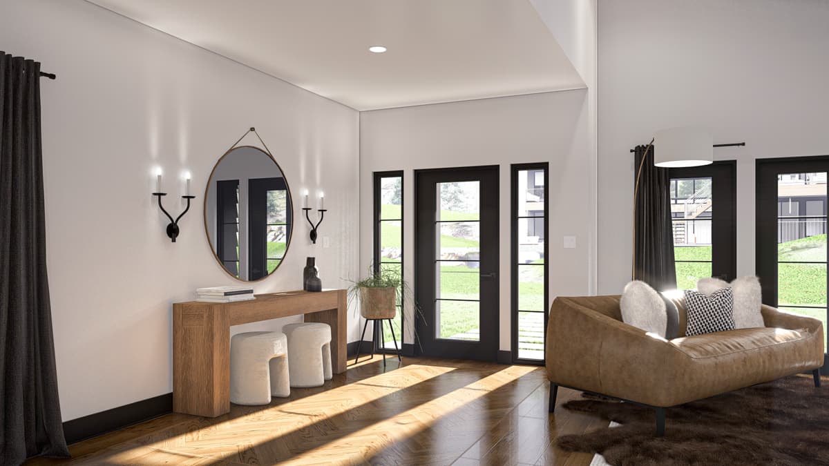 Interior rendering of a living room with a sofa, console table, round mirror, and large glass doors.