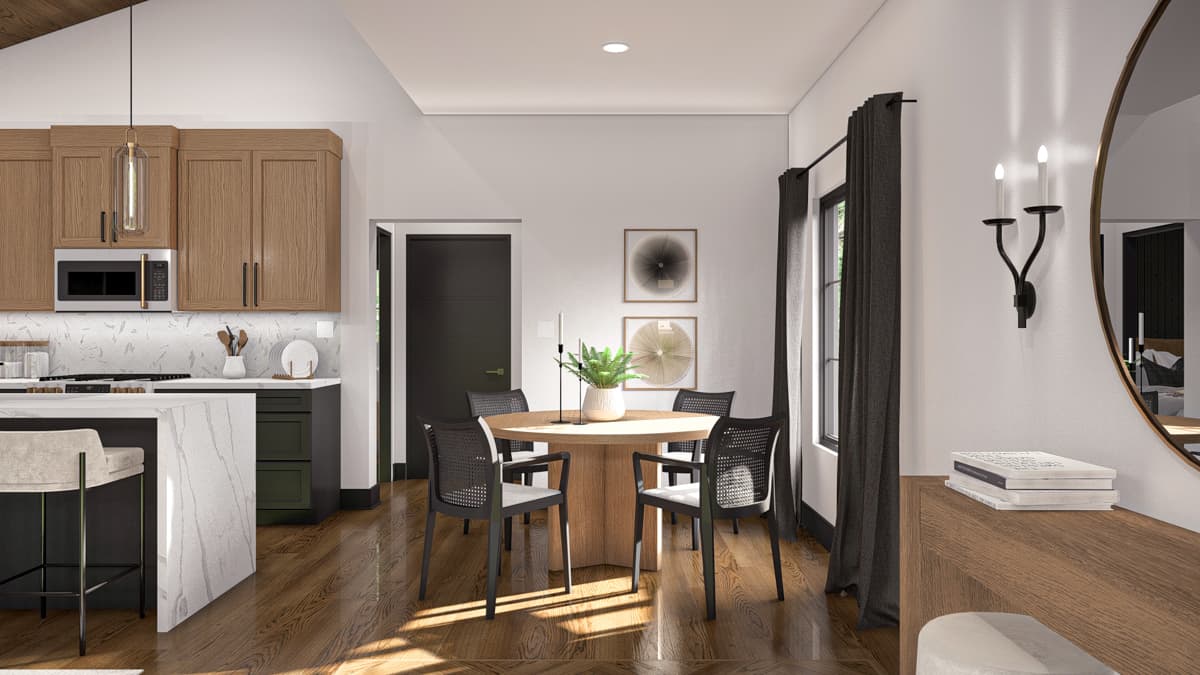 Rendering of a dining area and kitchen with wood cabinetry, a marble island, and a round dining table with chairs.