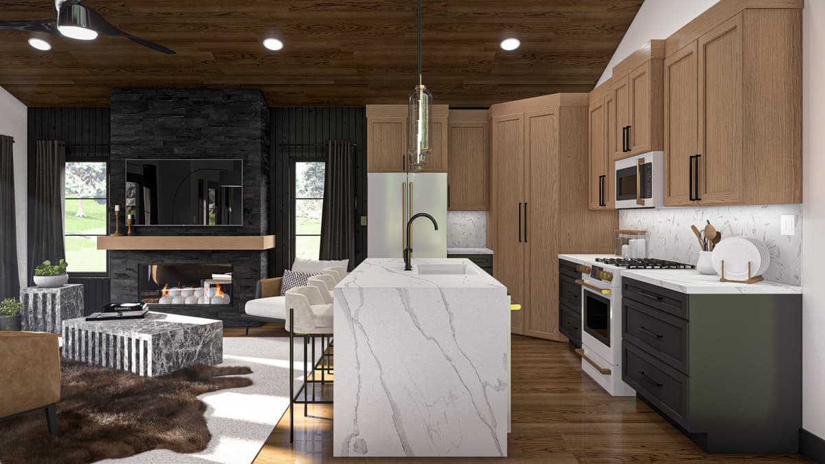 Open concept great room and kitchen with stone fireplace, large island, wood ceiling, and light wood cabinetry.