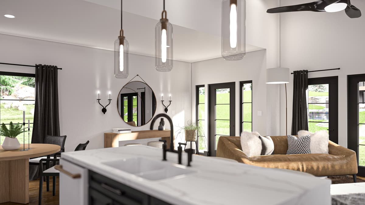 Interior rendering of an open-concept living and dining area with a kitchen island, sectional sofa, and large windows.