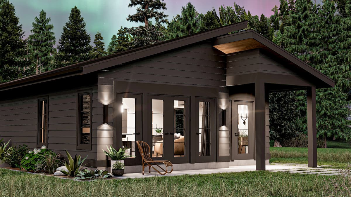 Modern house plan exterior with dark siding, a single story, deep eaves, and a covered porch entry with dark trim.