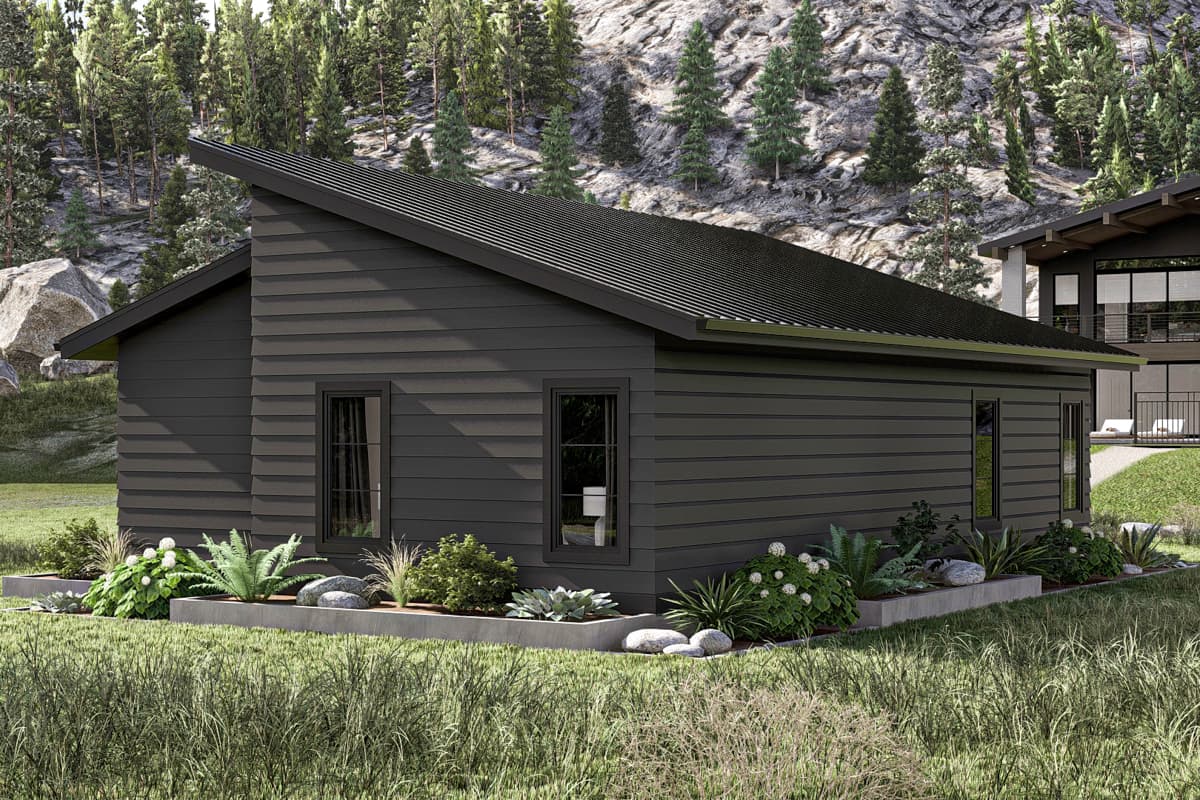 House plan exterior rendering showing a modern style, single-story home with horizontal siding and a shed roof.