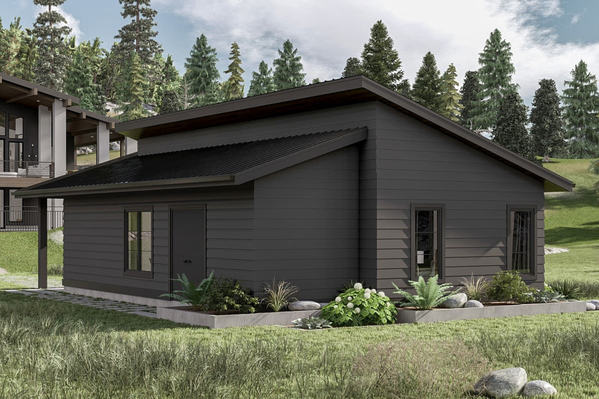Modern house plan exterior with dark siding, gabled roof, and single-story construction. Features a covered entry.