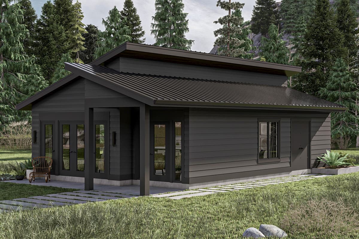 Modern house plan exterior with a shed roofline, horizontal siding, and multiple glass doors.