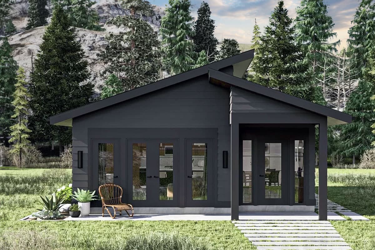 House plan exterior. Modern style with asymmetrical roof and covered entry. Features include glass doors, dark siding, and a single story structure.