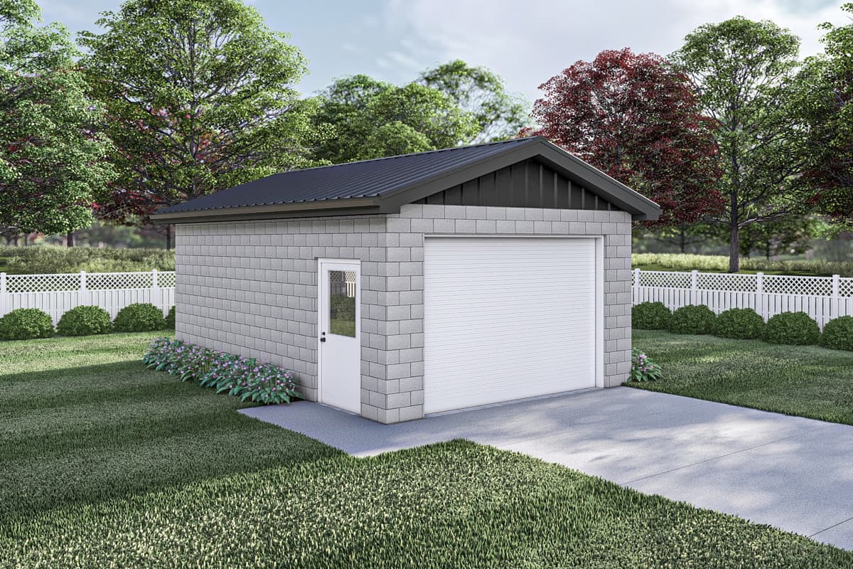 House plan exterior featuring a detached garage with a gable roof, roll-up door, and small side door. Constructed with gray block. 