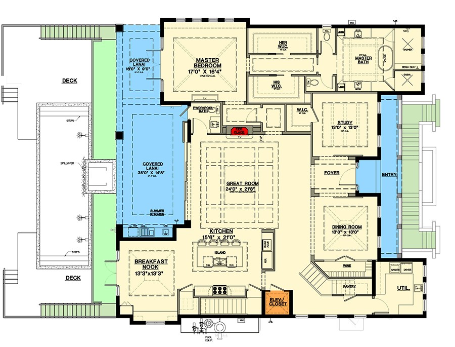 Plan 31857DN: Two-Story Coastal Beach House Plan with Two-Story Great Room - 5102 Sq Ft - Floor Plan - Main Level - Coastal, Coastal Contemporary, Florida-Style
