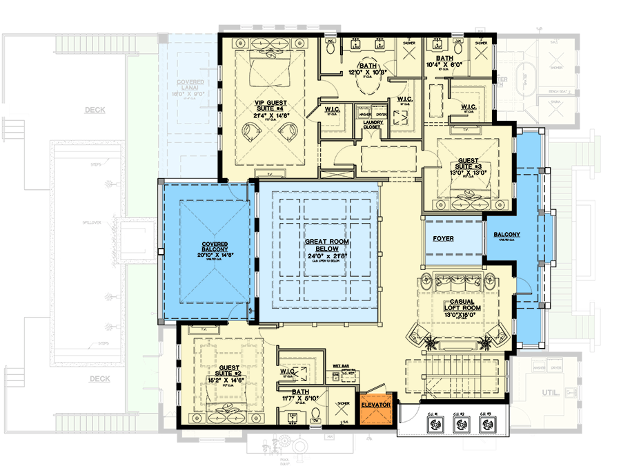 Plan 31857DN: Two-Story Coastal Beach House Plan with Two-Story Great Room - 5102 Sq Ft - Floor Plan - Second Level - Coastal, Coastal Contemporary, Florida-Style
