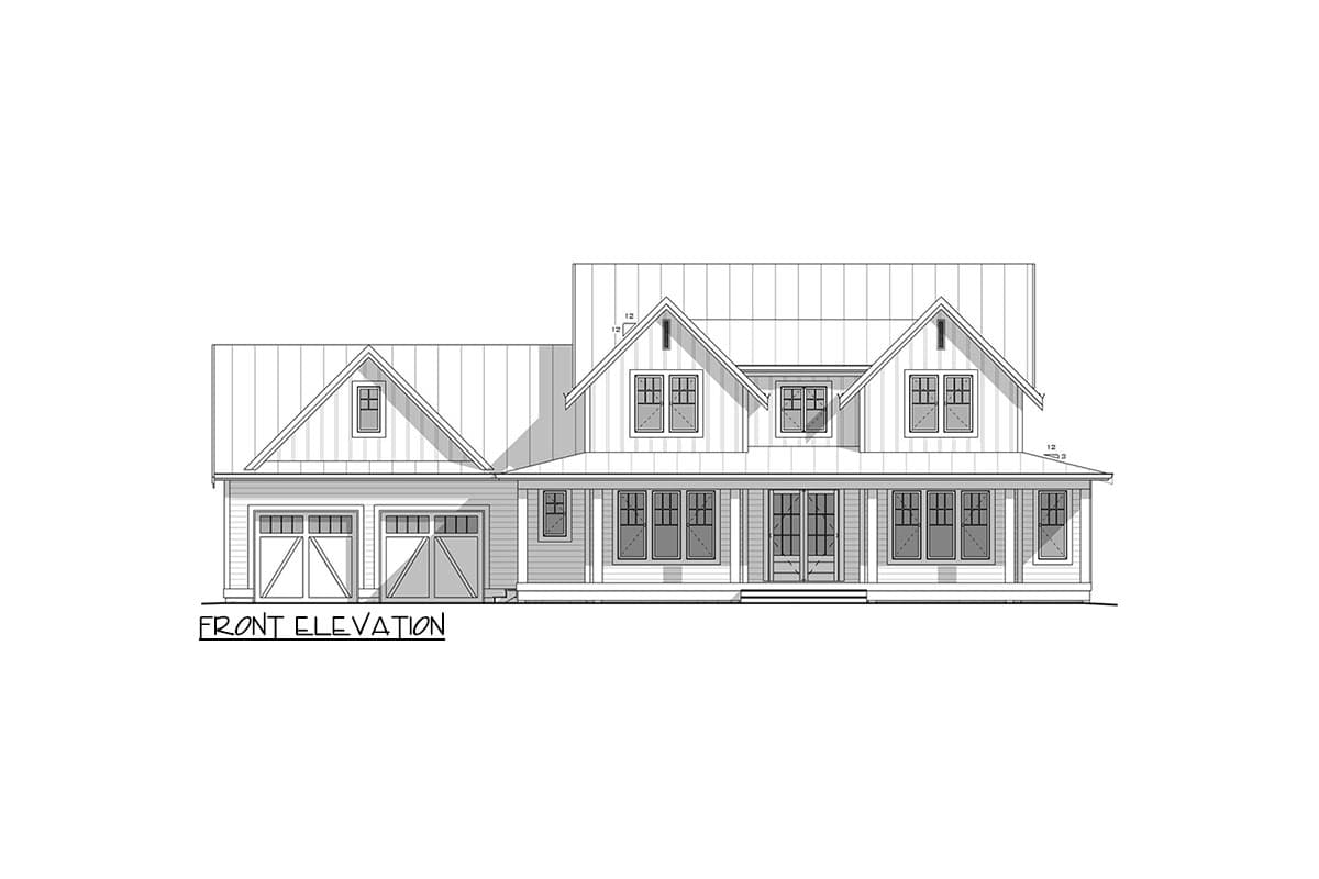 Front elevation house plan with a wraparound porch, gabled dormers, metal roof, and a two-car garage.