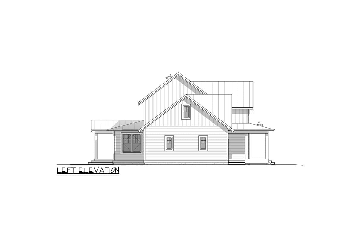 Left elevation drawing of a two-story house with gabled rooflines, multiple dormers, a covered porch, and horizontal siding.